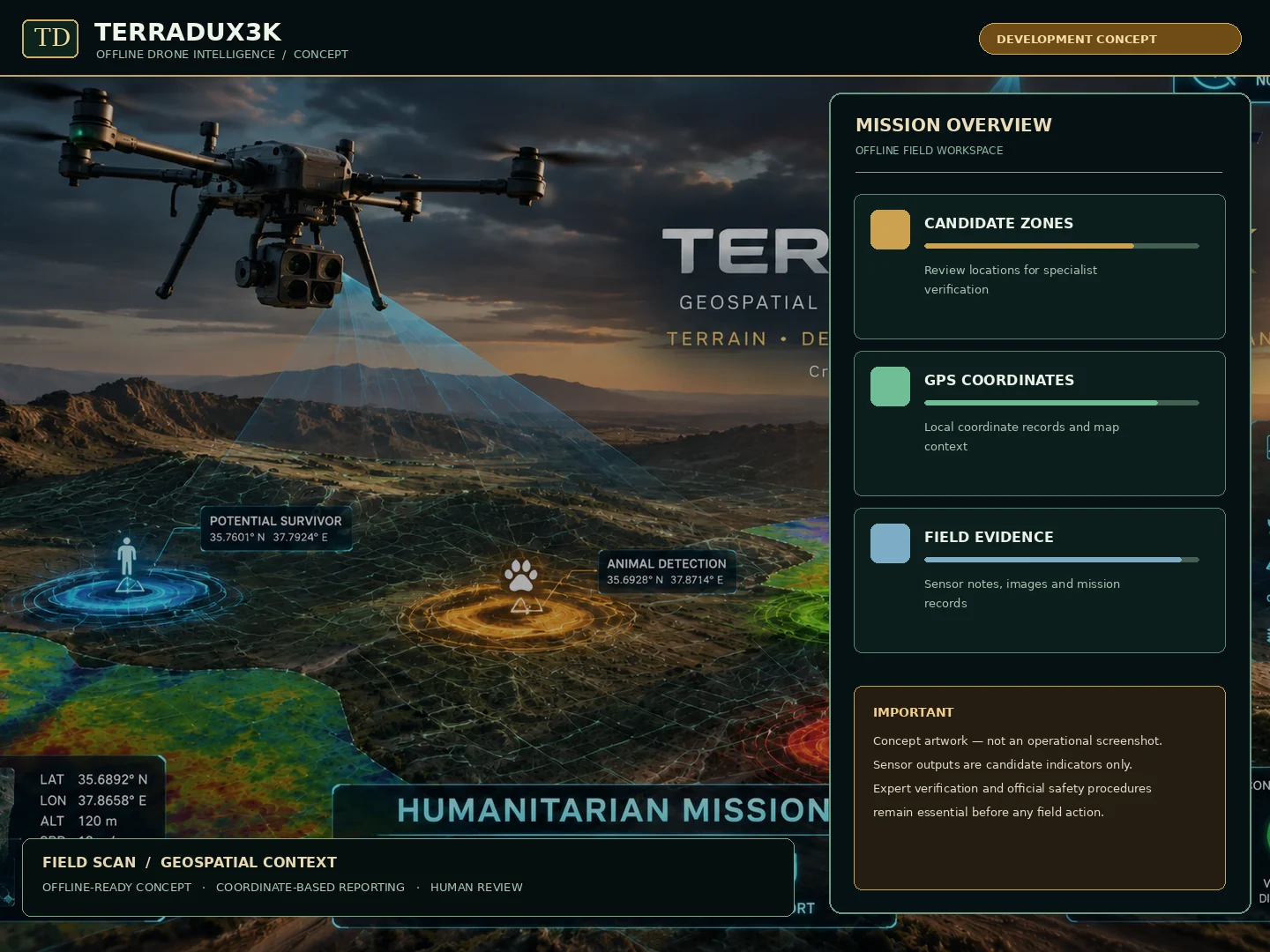 TERRADUX3K candidate-zone mapping and geospatial analysis interface concept