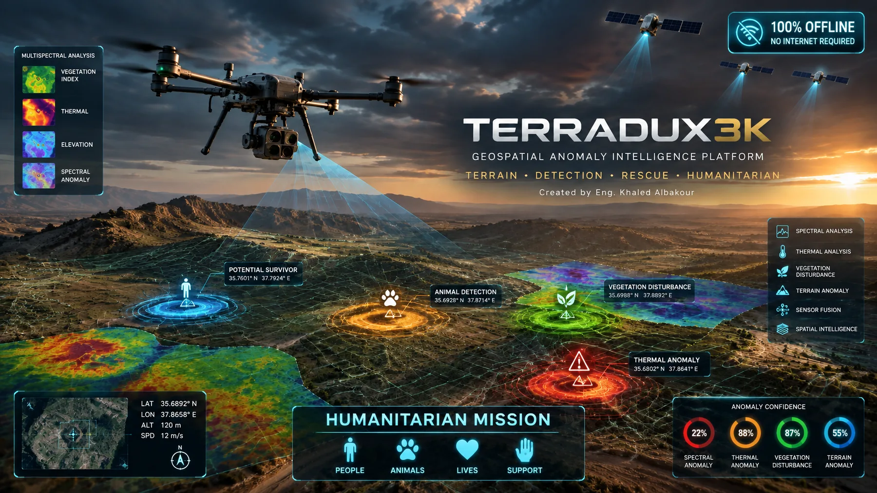 TERRADUX3K humanitarian offline drone platform concept visual
